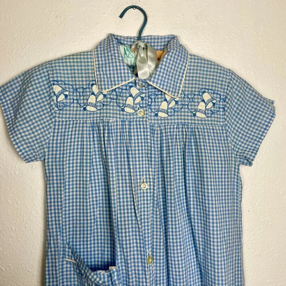 Vintage Kids Kickaway Blue Gingham Pajama Night Dress Size: 12